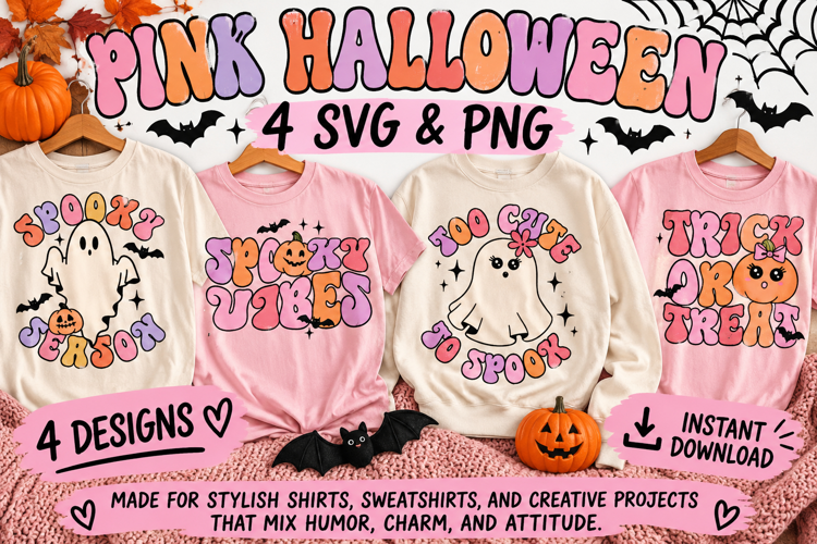 Pink Halloween SVG PNG, Retro Girly Ghost & Pumpkin