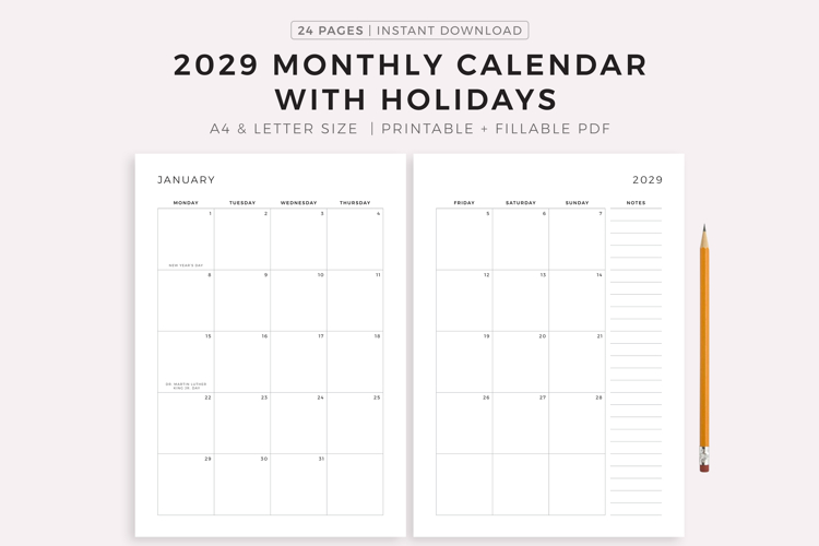 2029 Monthly Calendar with Holidays on 2 Pages, Printable