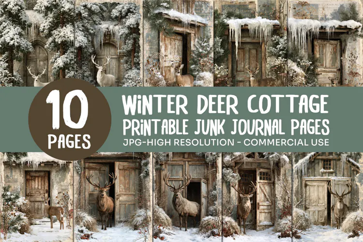Winter Deer Cottage Junk Journal Pages