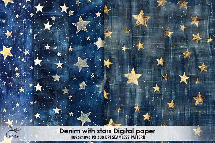 Denim with stars digital paper, background clipart