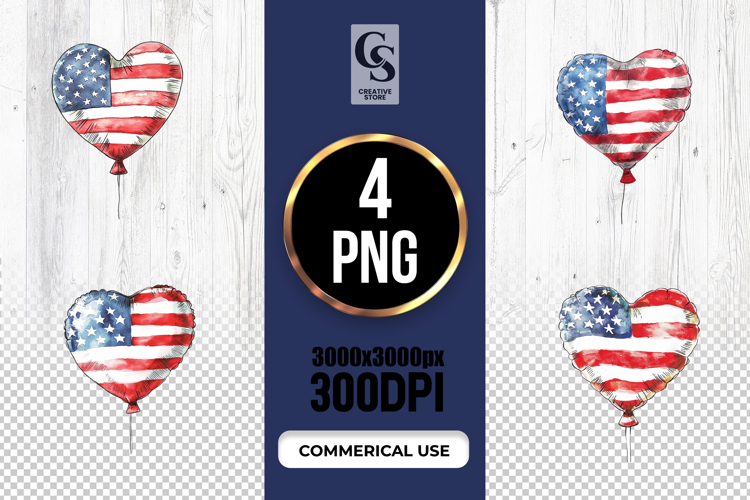 Patriotic Heart Balloon Watercolor Clipart PNG