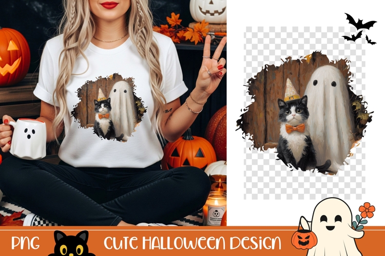 Halloween Cat PNG, Cartoon Halloween Cat T-Shirt PNG