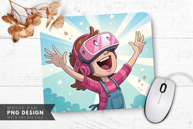 Joyful Cartoon Gamer in VR Mouse Pad PNG Design