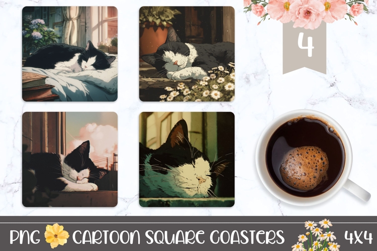 Cartoon Cat Square Coasters, Floral Square Coaster Designs