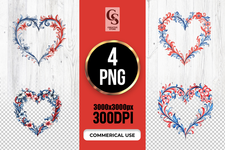 Watercolor Patriotic Floral Heart USA Red Blue Clipart PNG