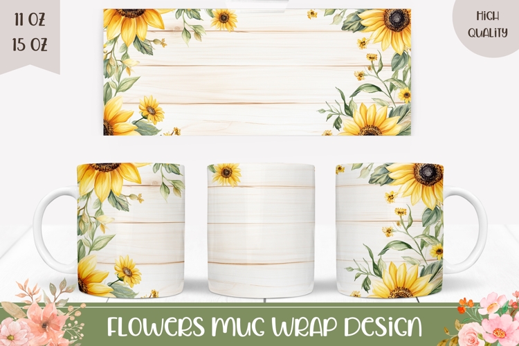 Watercolor Sunflowers Mug Wrap Design, Floral Mug Design