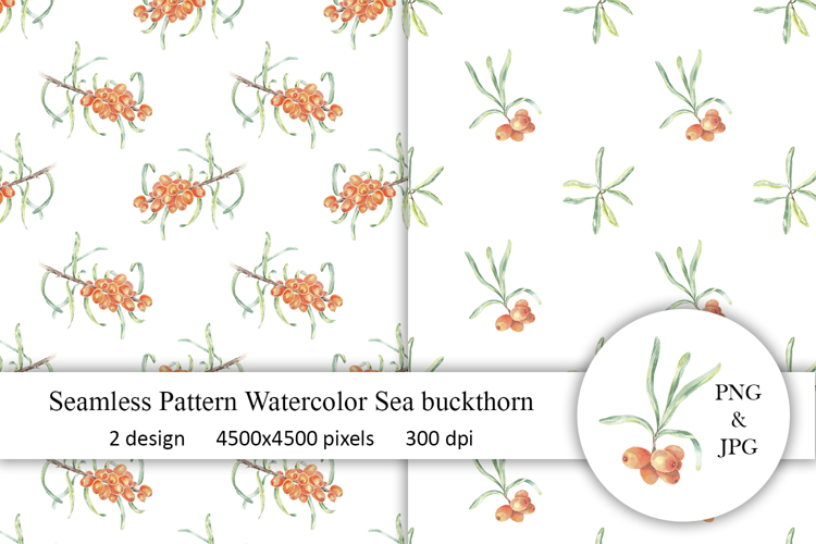 Sea Buckthorn Watercolor Seamless Pattern Hand Drawn PNG
