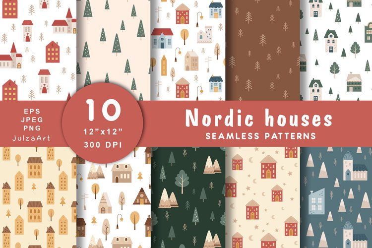 Scandinavian houses seamless pattern, Nordic digital paper