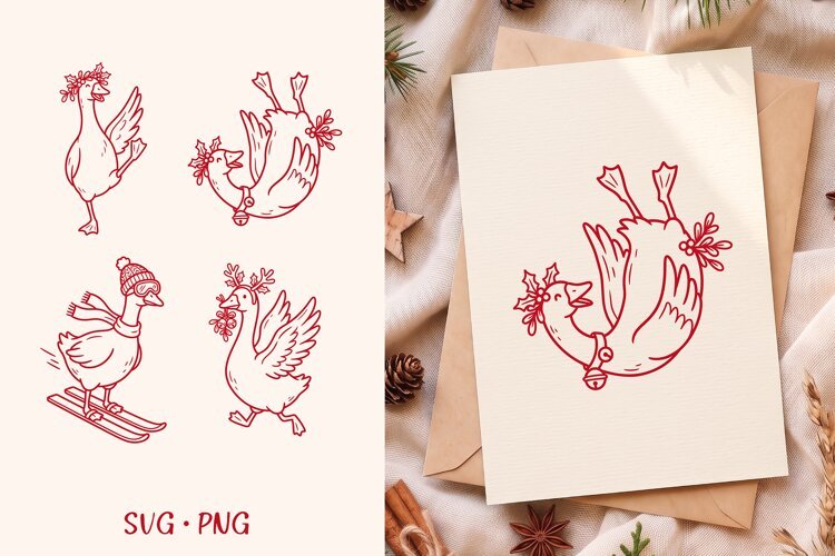 Skiing Goose SVG, Funny Christmas Holly Mistletoe Goose PNG example image 1
