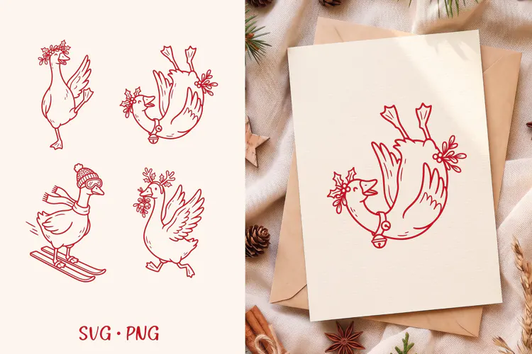 Skiing Goose SVG, Funny Christmas Holly Mistletoe Goose PNG