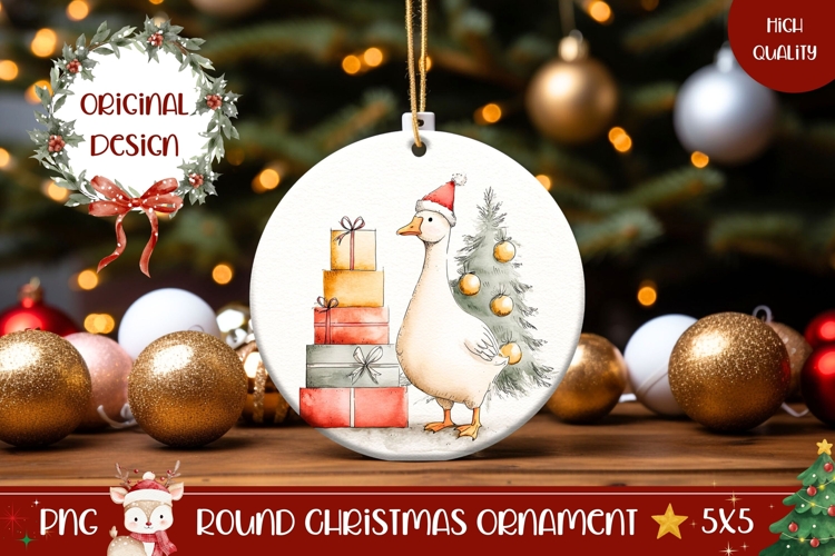 Cartoon Christmas Goose Ornament PNG, Winter Round Ornament