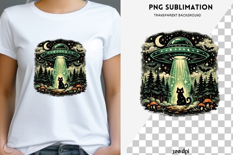 UFO black cat png design for T-shirt example image 1