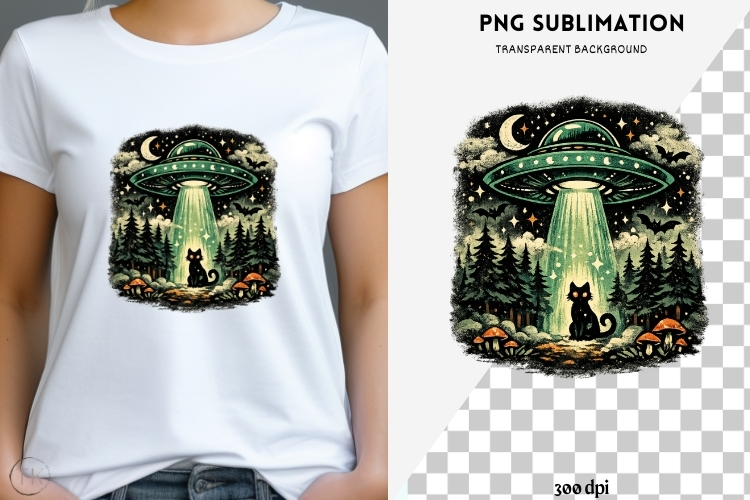 UFO black cat png design for T-shirt