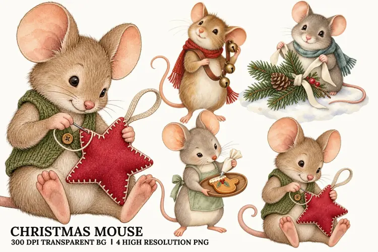 Christmas Mouse PNG, Cute Winter Holiday Sublimation Art