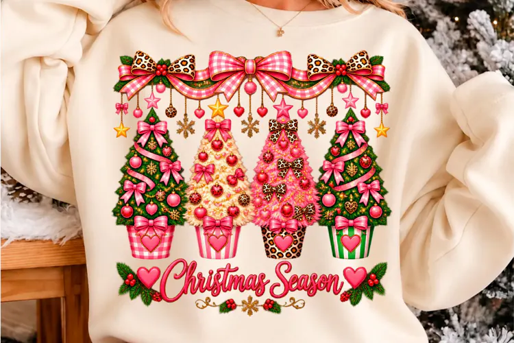 Pink Christmas Tree T-Shirt Design Cute Holiday Season