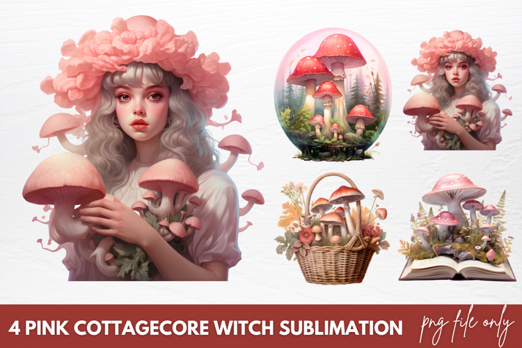 Watercolor Pink Cottagecore Witch Sublimation Clipart