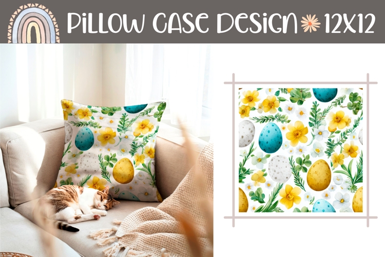 Cartoon Easter Eggs Pillow, Colorful Flowers Pillow Design