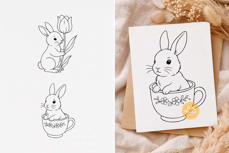 Easter Bunny svg, Spring svg, Bunny with Tulip, Line Art