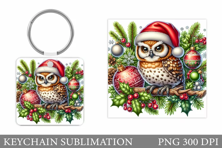 Cute Owl Keychain Sublimation. Christmas Keychain Design