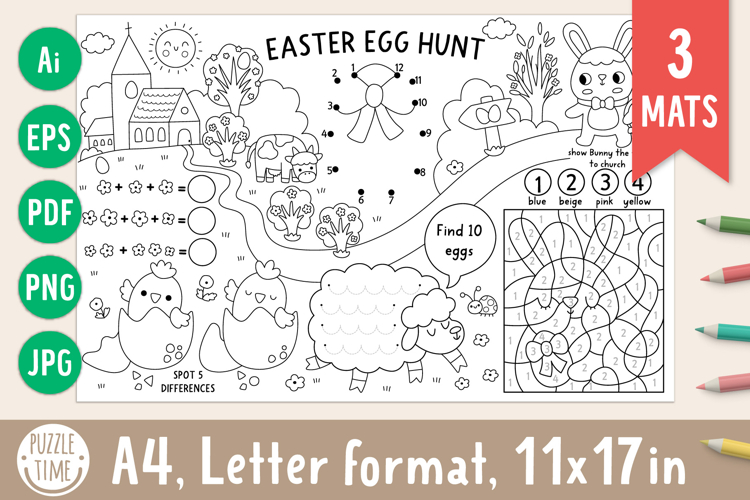 Easter egg hunt coloring activity placemats kit