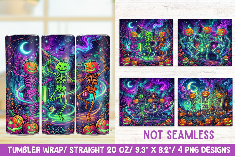 Dancing Skeletons 20 OZ Skinny Tumbler Wrap Sublimation PNG.