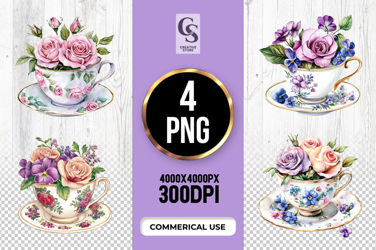 Vintage Floral Teacup Clipart Sublimation PNG