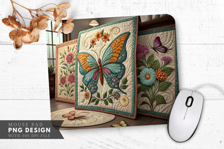 Butterfly And Floral Quilts Mouse Pad PNG Design example image 1