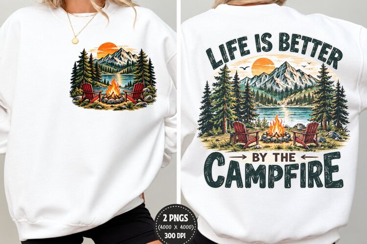 Campfire Front Back Shirt Design, Mountain Camping Chest Bac example image 1