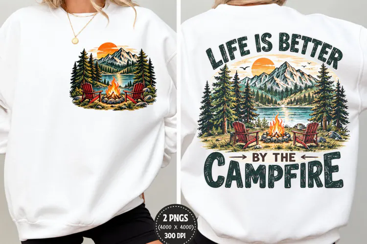 Campfire Front Back Shirt Design, Mountain Camping Chest Bac