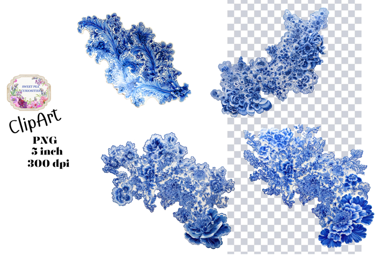 Blue Toile, Ephemera, PNG, Clipart, Junk Journal, flowers