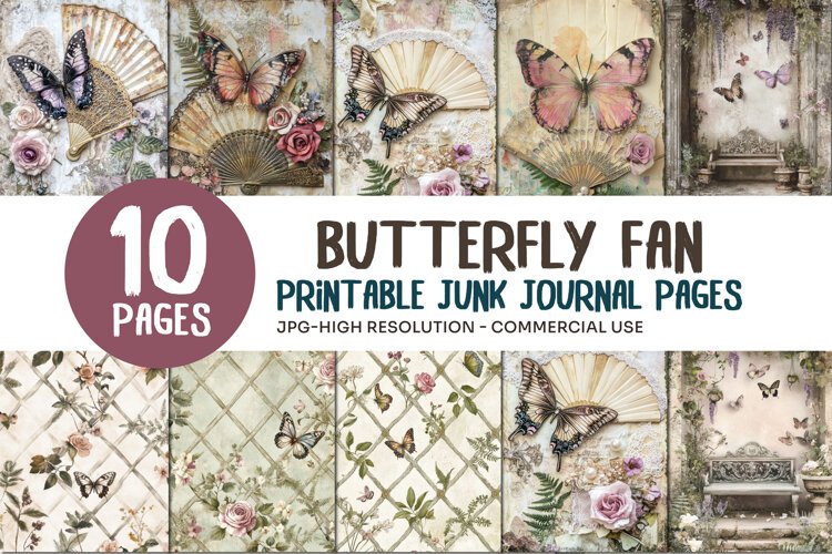 Vintage Butterfly Fan Junk Journal Pages example image 1