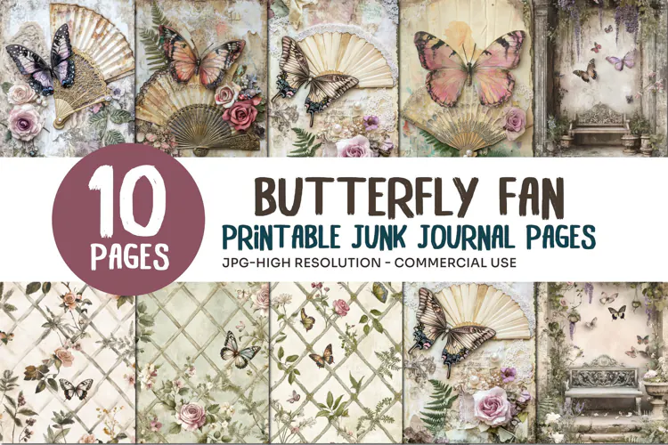 Vintage Butterfly Fan Junk Journal Pages