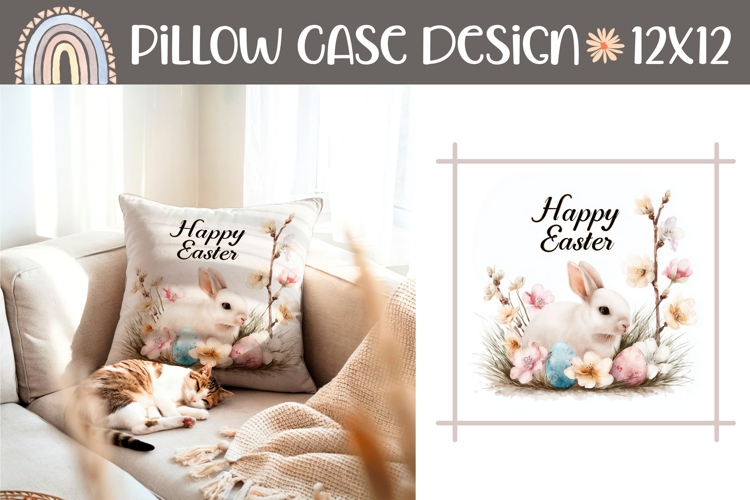 Happy Easter Pillow Print, Cute Flowers Pillow Sublimation