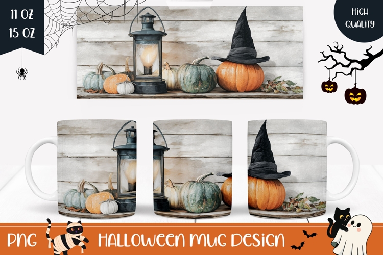 Watercolor Halloween Mug PNG, Halloween Pumpkins Mug Wrap
