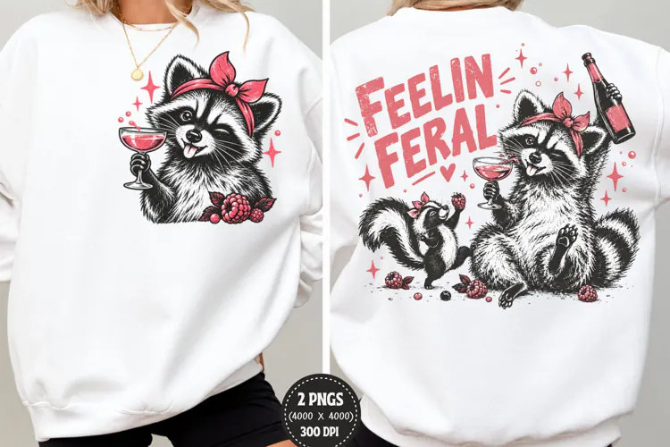 Feelin Feral Raccoon Front Back PNG, Raccoon Wine Front Back