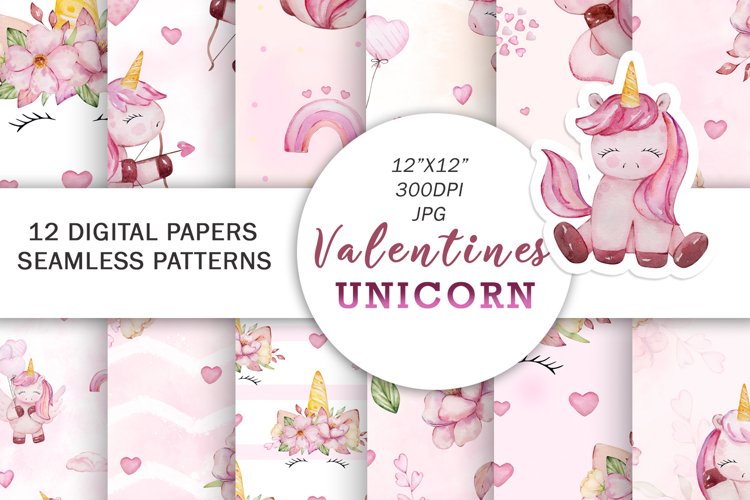 Unicorn Valentines Watercolor digital paper pack example image 1