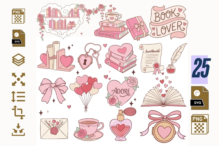 Book Lover Coquette Clipart PNG SVG, Romantic Pink Books