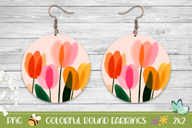 Art Tulips Earrings Sublimation, Floral Round Earrings