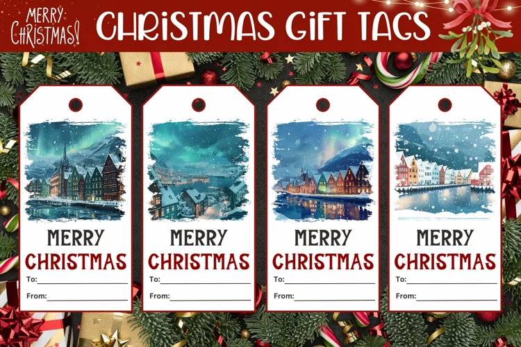 Watercolor Christmas Gift Tags, Christmas Village PNG