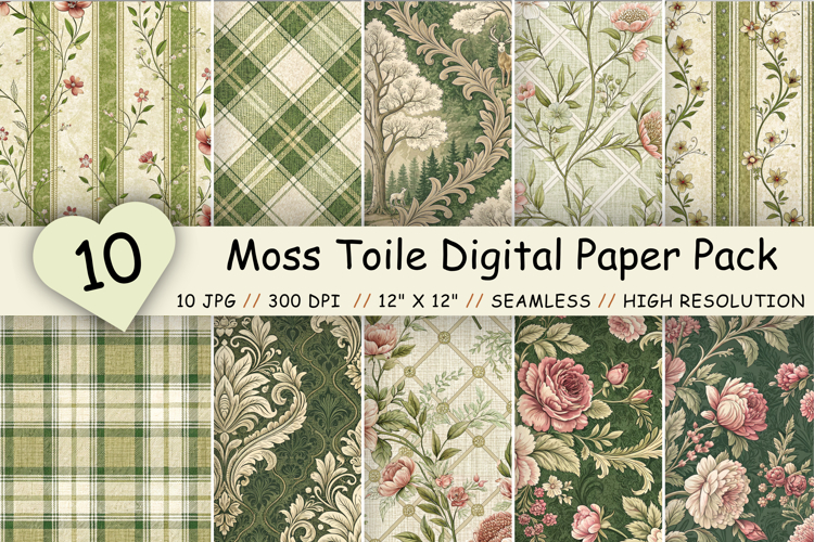 Moss Toile Digital Paper Pack, Vintage Floral Toile, Gingham