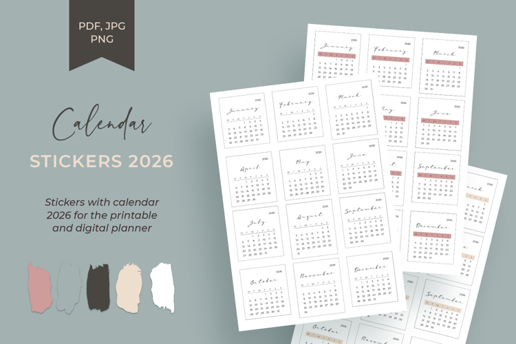 2026 planner stickers set with date numbers, month labels and calendar organization, printable PDF template.