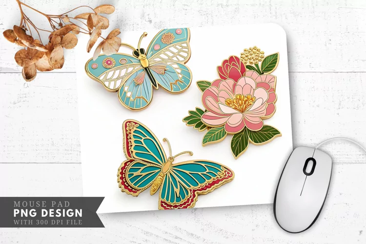 Butterfly Floral Enamel Pins Mouse Pad PNG Design