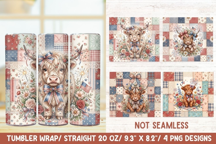 Patriotic Coquette Highland Cow 20 OZ Skinny Tumbler PNG.