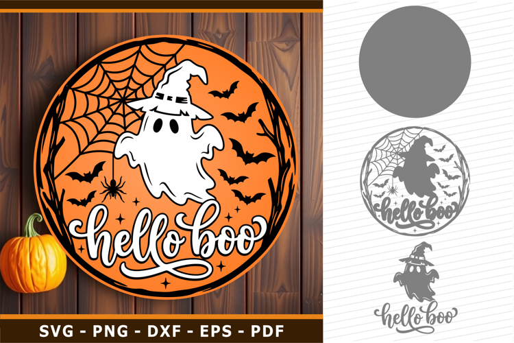 Hello Boo, Halloween Round Door Sign SVG PNG Laser Cut Files