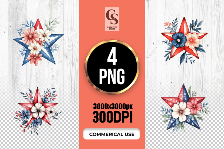 Watercolor Patriotic Floral Star USA Red Blue Clipart PNG