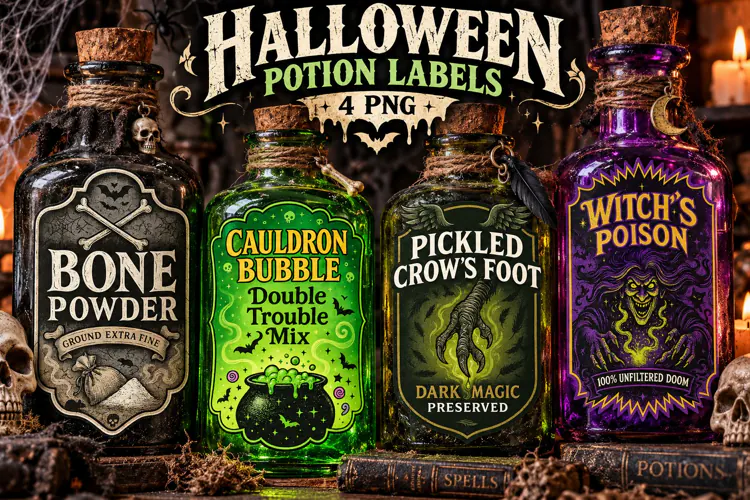 Witch Potion Labels PNG, Cauldron Dark Magic Halloween