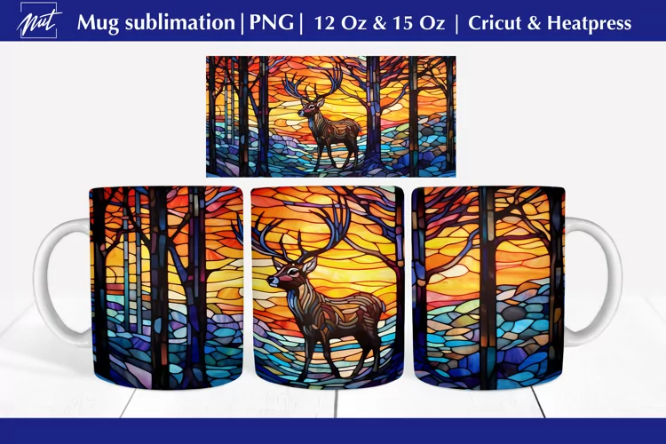 Stained glass mug wrap with deer, Christmas mug sublimation