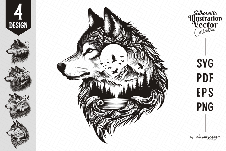 Wolf Silhouette with Mountain and Forest