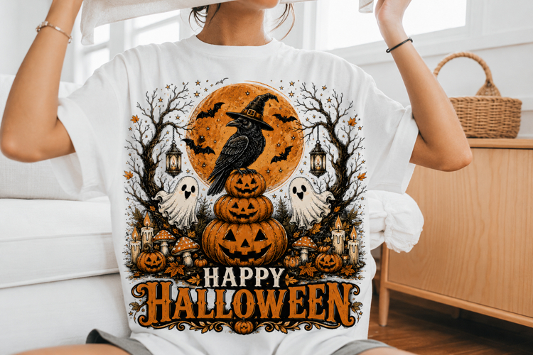 Happy Halloween Raven Witch Pumpkin Ghost Sublimation Design