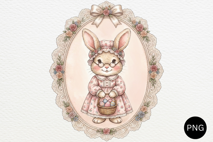 Floral Vintage Easter Grandma Bunny in Lace Frame PNG